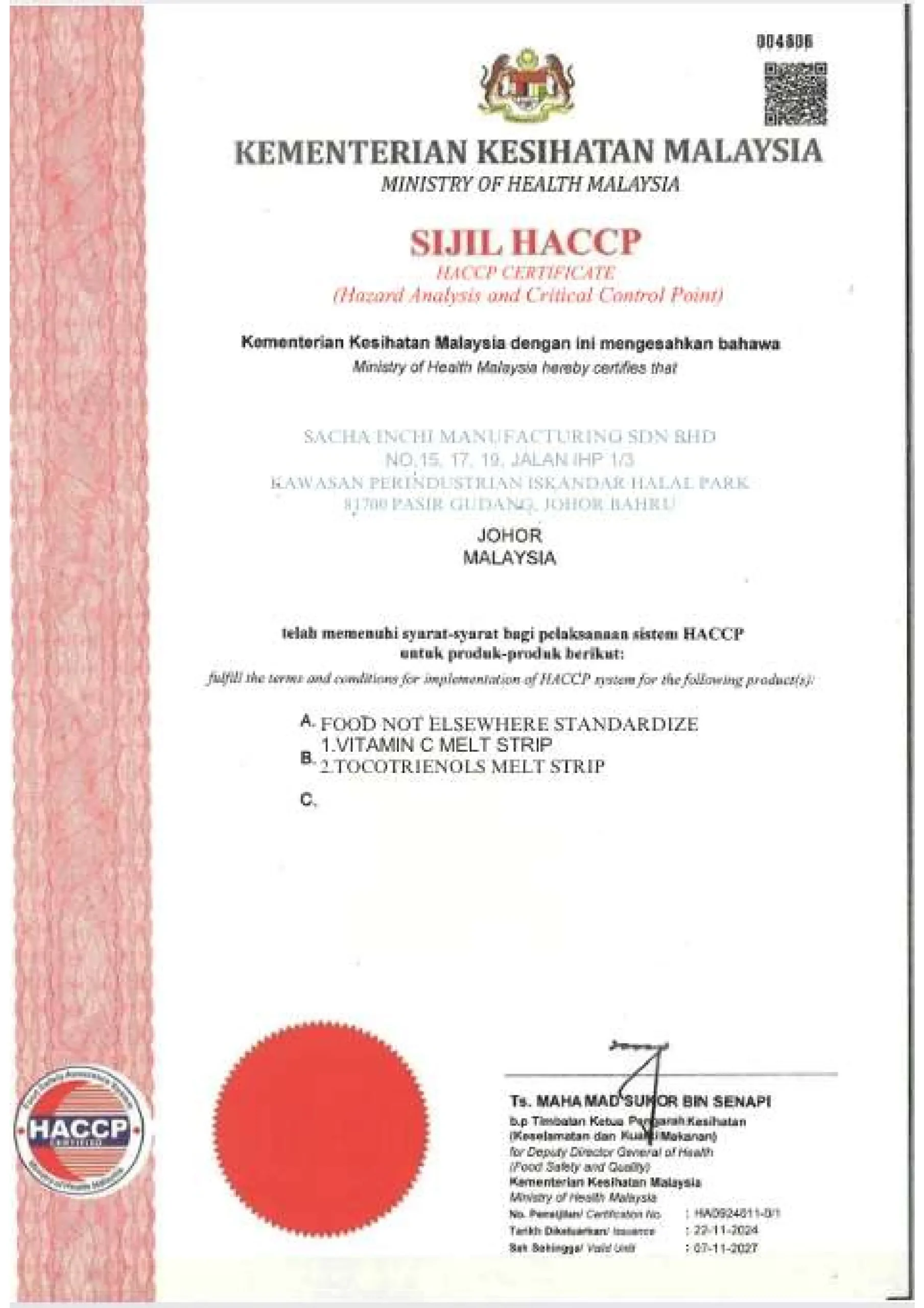 HACCP VITAGLOW MANUFACTURING